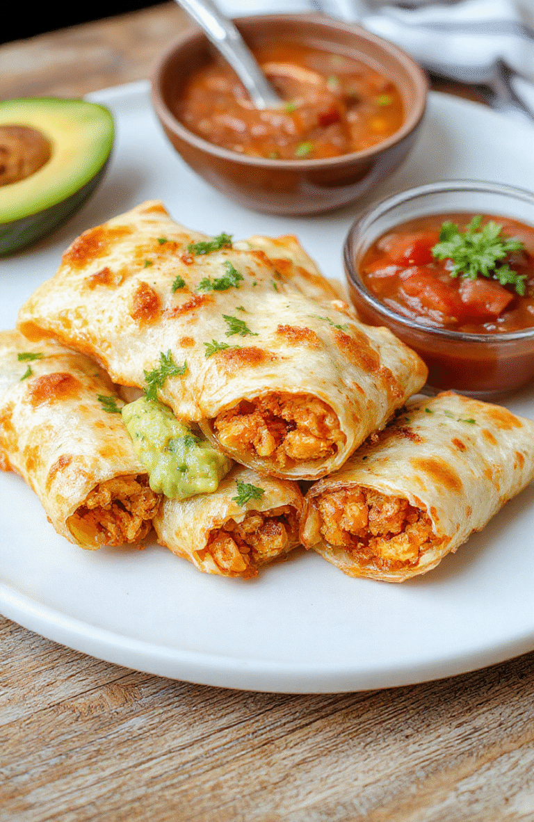 Golden crispy chicken taquitos arranged on a white plate, served with fresh avocado slices and a side of salsa, flaky textures with a tempting crunch