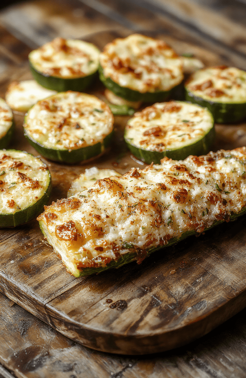 Golden crispy baked parmesan zucchini slices arranged on a white plate. The zucchini displays a crunchy, golden crust with melted parmesan cheese topping. Fresh green zucchini contrasts with the crispy coating, garnished with chopped parsley for color and freshness. The background features a rustic wooden table, styled simply to highlight the textured, appetizing dish.
