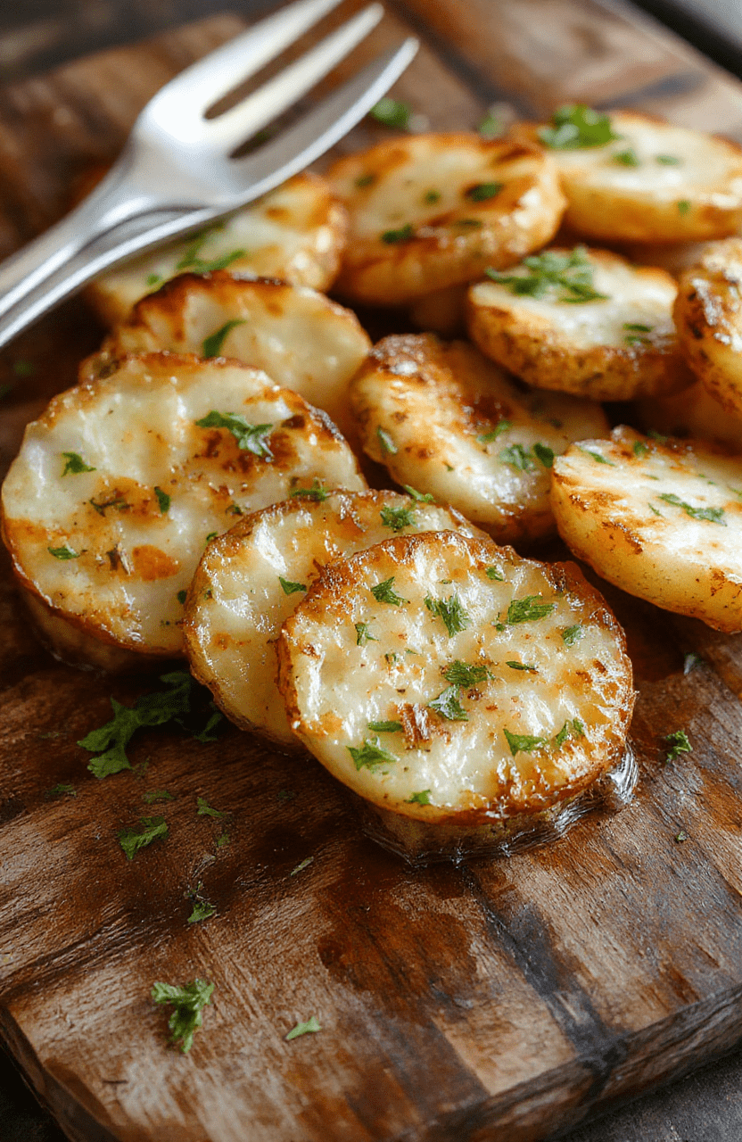 Golden crispy baked potato slices arranged neatly on a white ceramic plate, garnished with fresh herbs. The slices have a textured, crunchy exterior and soft interior, with slight browning edges. Bright natural light highlights the warm, inviting colors of the potatoes, and the presentation is clean and simple, emphasizing the crispy texture and appetizing appearance.