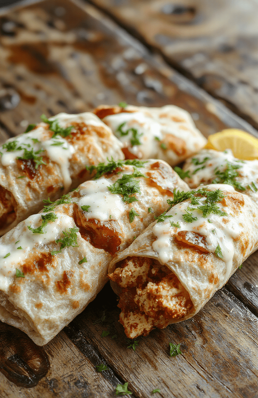 A vibrant plate of crispy chicken bacon ranch wraps arranged on a rustic wooden surface, showcasing golden-brown chicken, crispy bacon, fresh greens, drizzled ranch sauce, and colorful vegetables, styled casually with a hint of fresh herbs and a soft natural light highlighting textures.