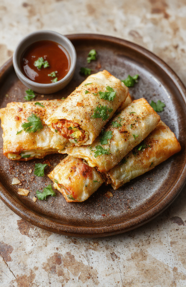 A vibrant plate of crispy homemade southwest egg rolls with golden-brown exteriors, filled with colorful diced vegetables and seasoned meats, served on a rustic ceramic plate with a side of creamy dipping sauce, garnished with fresh cilantro and sliced jalapenos, styled simply for an inviting, family-friendly presentation.