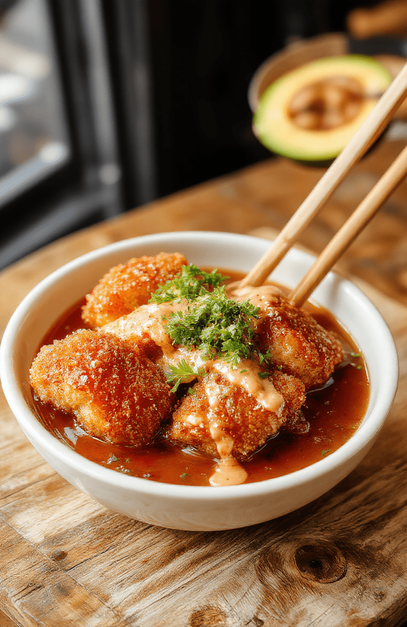 A vibrant bowl featuring golden-brown crispy Japanese katsu cutlet slices drizzled with rich homemade tonkatsu sauce, served over steamed jasmine rice, garnished with finely chopped green onions and shredded cabbage, styled simply on a rustic wooden plate with fresh ingredients around, emphasizing textures and colors.