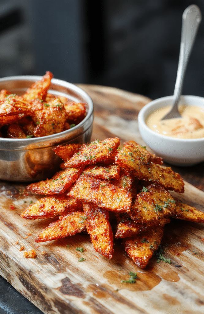 A close-up shot of golden crispy sweet potato fries arranged on a white ceramic plate with a sprinkle of sea salt, garnished with fresh herbs, on a rustic wooden table. The fries have a textured, slightly caramelized exterior with a soft center, styled in a casual manner with natural light highlighting their vibrant orange color and appealing crunch.