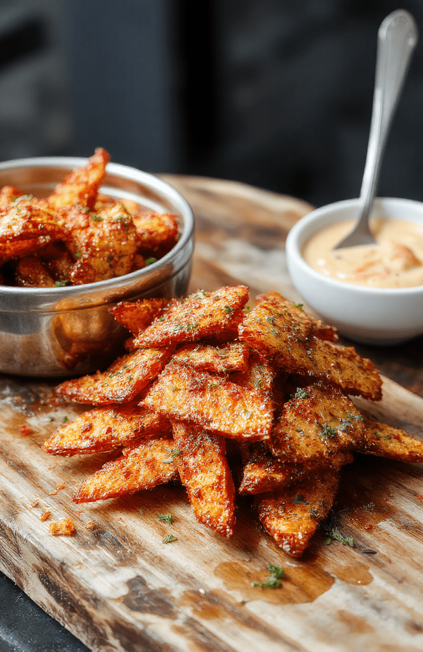A close-up shot of golden crispy sweet potato fries arranged on a white ceramic plate with a sprinkle of sea salt, garnished with fresh herbs, on a rustic wooden table. The fries have a textured, slightly caramelized exterior with a soft center, styled in a casual manner with natural light highlighting their vibrant orange color and appealing crunch.