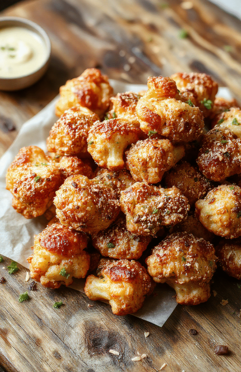 Colorful crispy cauliflower wings coated in sesame seeds, arranged on a modern white plate with a light drizzle of sauce. The cauliflower has a golden-brown, crunchy exterior with sesame seeds visible, garnished with fresh scallions. The presentation is on a rustic wooden table, with a blurred background hinting at a casual, inviting kitchen atmosphere.