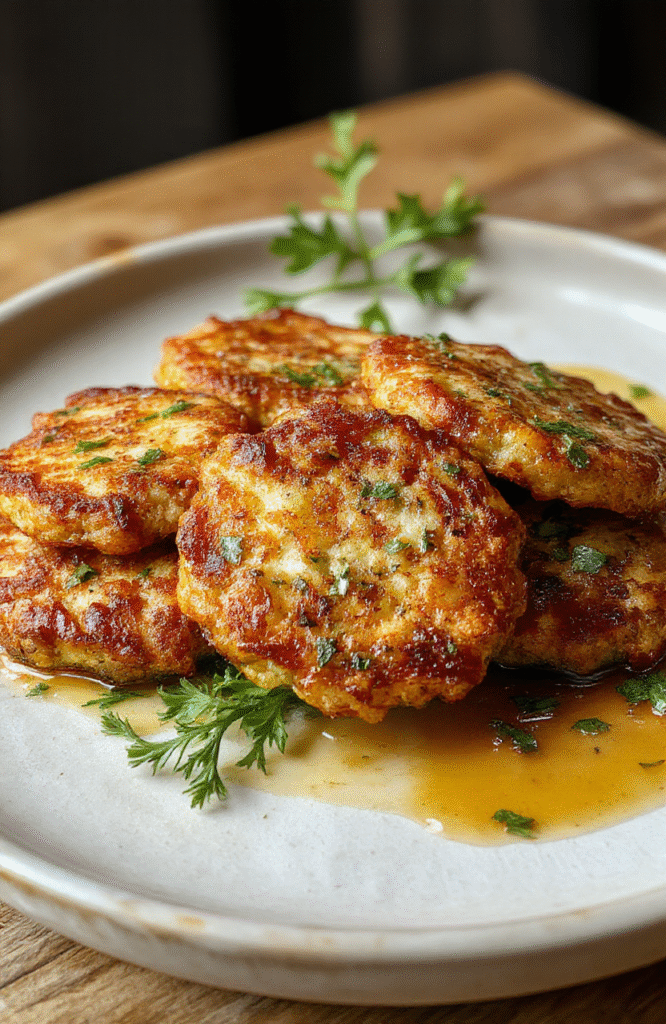 Golden-brown crispy zucchini fritters arranged on a rustic ceramic plate, with finely grated zucchini, herbs, and a hint of oil glistening, styled simply on a wooden surface with a light background, emphasizing texture and vibrant green zucchini flecks.
