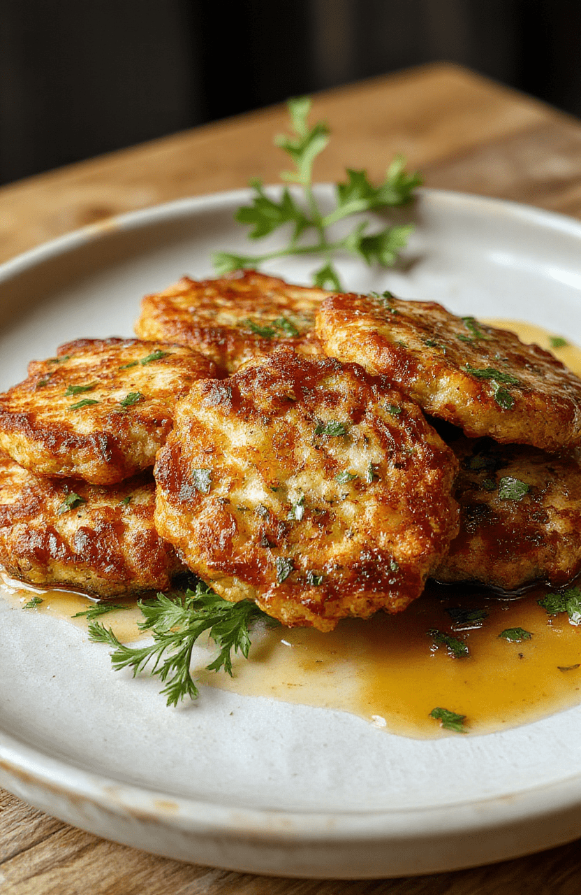 Golden-brown crispy zucchini fritters arranged on a rustic ceramic plate, with finely grated zucchini, herbs, and a hint of oil glistening, styled simply on a wooden surface with a light background, emphasizing texture and vibrant green zucchini flecks.