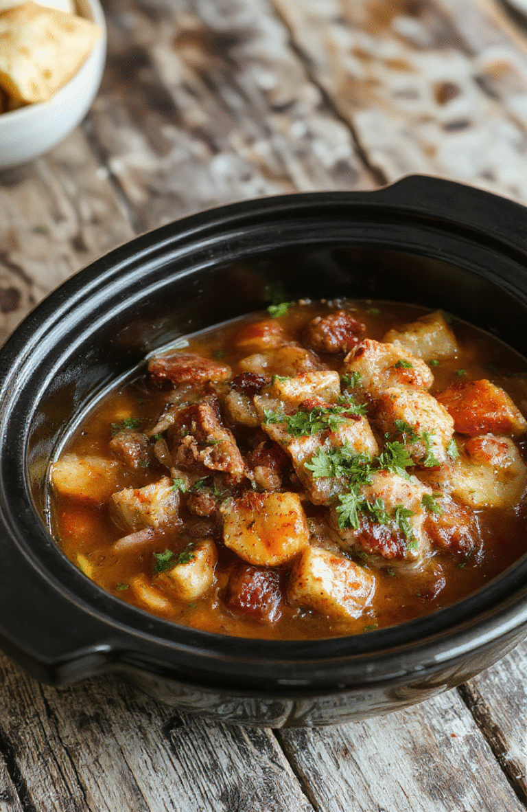 A rustic bowl of Crock Pot Poor Man's Stew filled with tender beef chunks, carrots, potatoes, and peas, all simmered in a rich gravy. The stew is served piping hot on a wooden table, garnished with fresh herbs. The bowl has a cozy, inviting look, with steam rising, highlighting the hearty textures and vibrant colors of the ingredients.