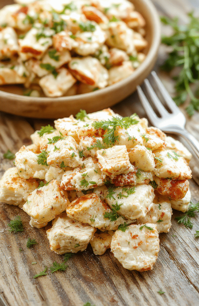 A vibrant plate of crunchy dill pickle chicken salad featuring shredded chicken, chopped dill pickles, fresh herbs, and creamy dressing, beautifully plated with a colorful garnish on a rustic wooden table.