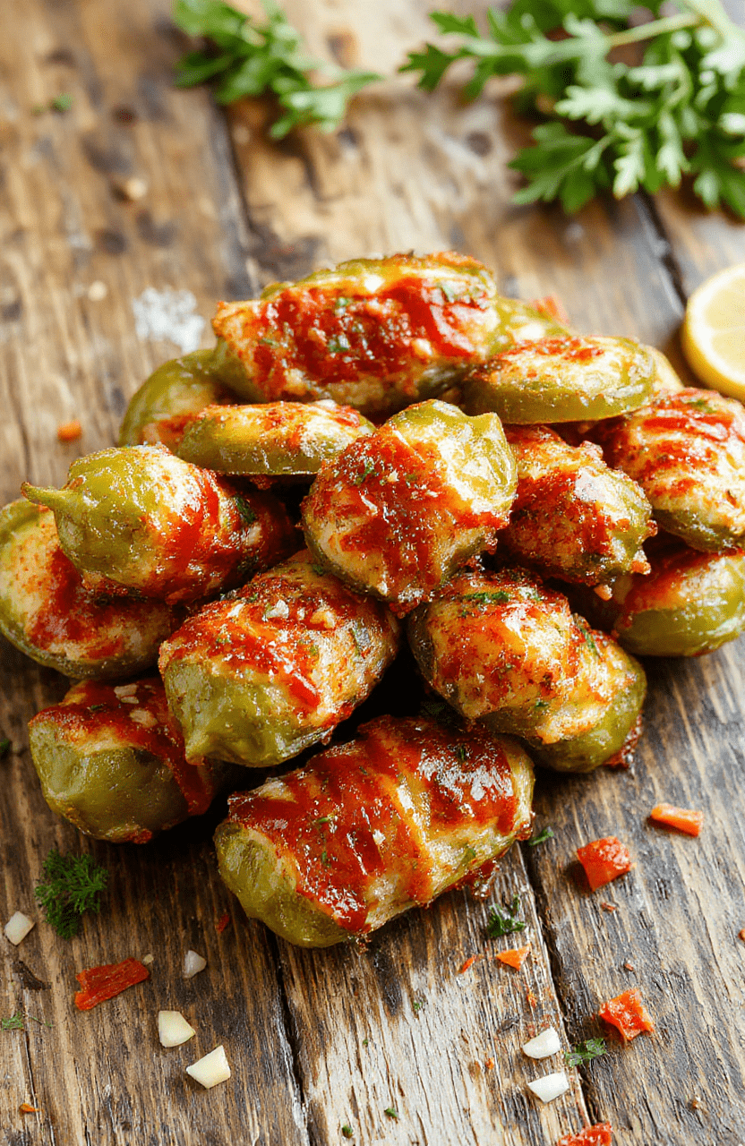 Colorful plate of crispy golden jalapeño poppers filled with creamy cheese, garnished with fresh herbs, styled on a rustic wooden table with hints of spicy red and green peppers.