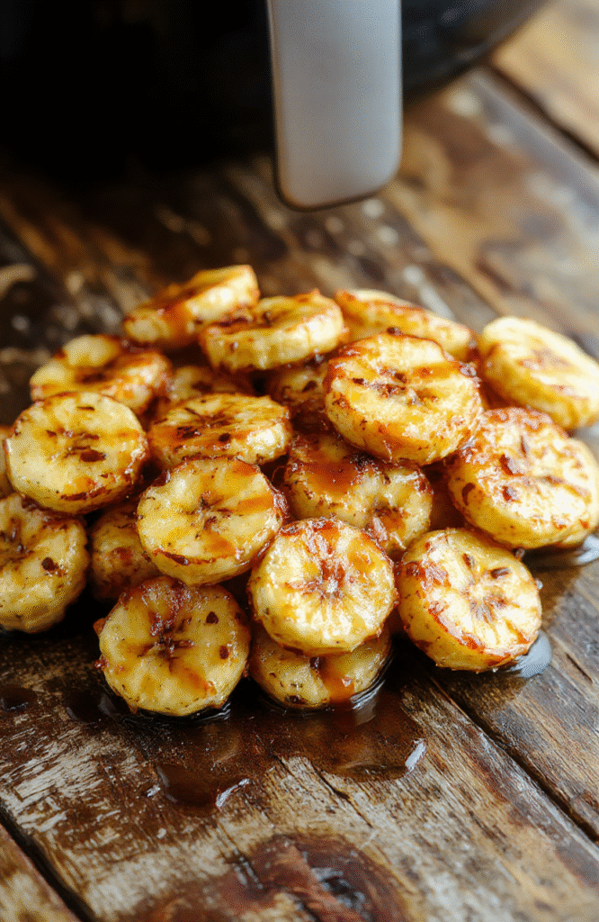 A vibrant plate of caramelized bananas arranged neatly on a rustic wooden surface, topped with a drizzle of glossy caramel sauce and sprinkled with chopped nuts. The bananas have a golden-brown hue, with slightly crispy edges, and the caramel sauce glistens under natural daylight. The background features soft-focused kitchen elements, creating a cozy and inviting atmosphere.