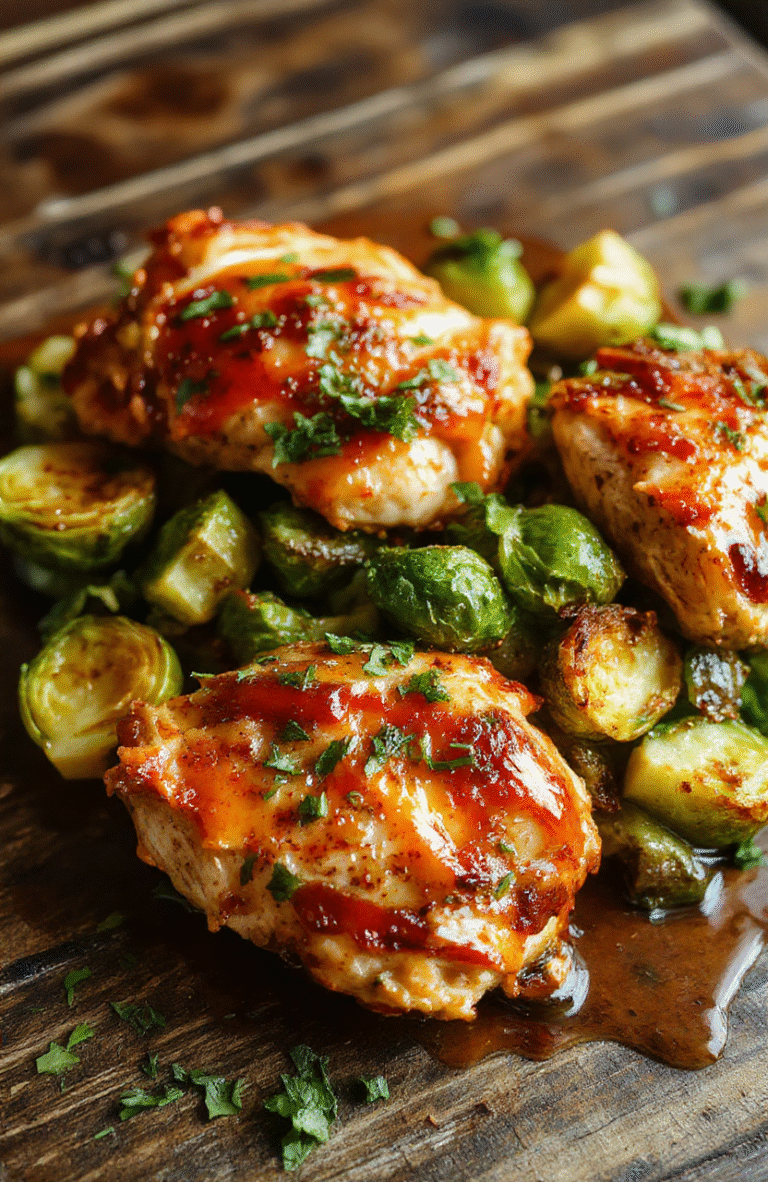 A vibrant plate featuring crispy air fried chicken glazed with sweet chili sauce, surrounding roasted Brussels sprouts with caramelized edges, all styled on a rustic wooden table with a neutral background, highlighting the textures and colors of the dish, garnished with fresh herbs and sesame seeds.