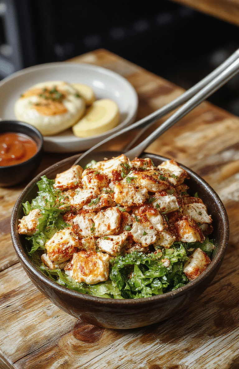 Colorful Asian chicken crunch salad arranged on a white plate featuring shredded chicken, crunchy vegetables like cabbage and carrots, toasted almonds, and a drizzle of sesame dressing, styled with fresh cilantro on top, presented on a rustic wooden table with natural daylight highlighting textures and vibrant colors.