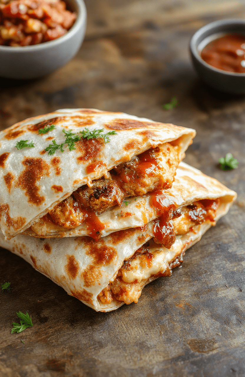 A vibrant plate featuring a golden-brown quesadilla filled with smoky BBQ chicken, melted cheese, and fresh cilantro, styled on a rustic wooden surface with a hint of fresh ingredients visible around.