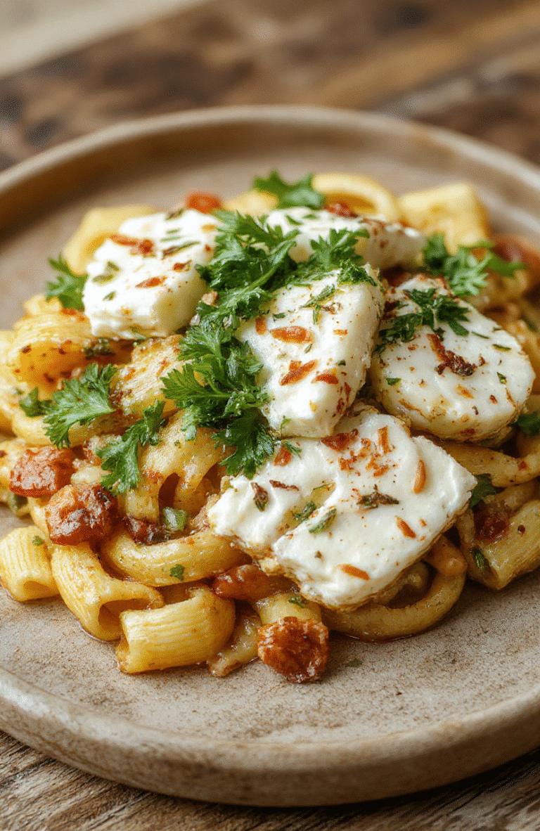 A vibrant plate of baked feta and veggie pasta featuring a creamy feta cheese sauce, colorful cherry tomatoes, zucchini slices, and fresh basil, all beautifully plated on a rustic wooden table with a drizzle of olive oil and cracked black pepper, styled simply for a homely dinner presentation.