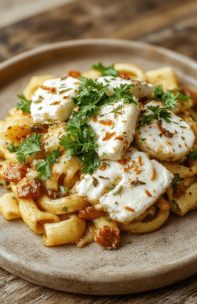 A vibrant plate of baked feta and veggie pasta featuring a creamy feta cheese sauce, colorful cherry tomatoes, zucchini slices, and fresh basil, all beautifully plated on a rustic wooden table with a drizzle of olive oil and cracked black pepper, styled simply for a homely dinner presentation.
