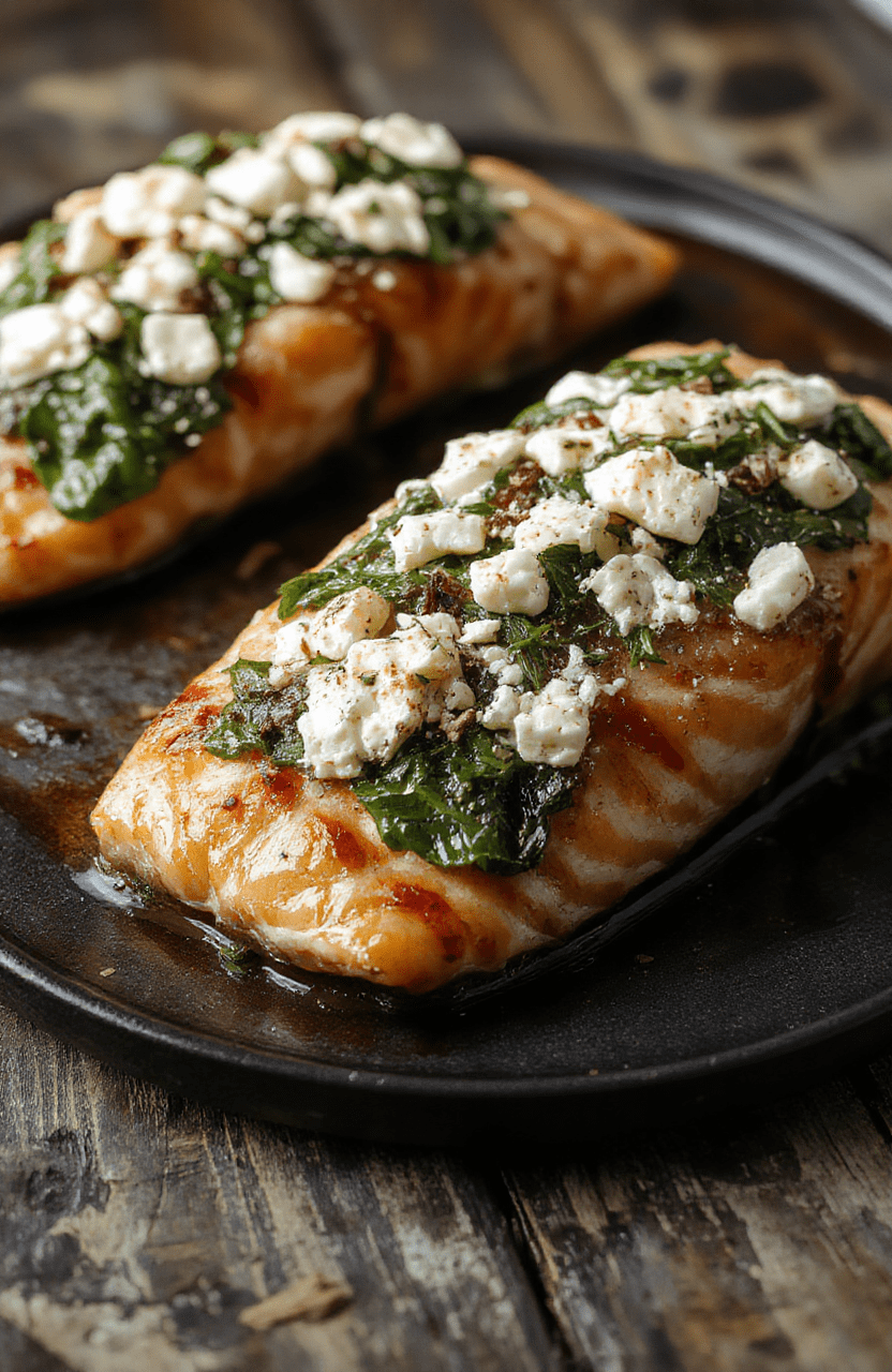 Colorful baked stuffed salmon on a white plate, topped with fresh spinach and crumbled feta cheese, with golden crispy edges, garnished with lemon wedges and herbs, styled simply on a rustic wooden table, vibrant and appetizing textures highlighted.