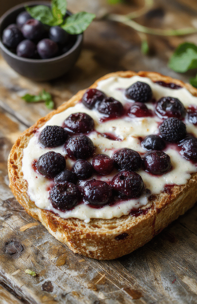 A vibrant loaf of blueberry cream cheese bread sliced open to reveal a golden crust with swirls of creamy cheese and juicy blueberries inside, garnished with fresh blueberries and a dusting of powdered sugar on a rustic wooden surface.