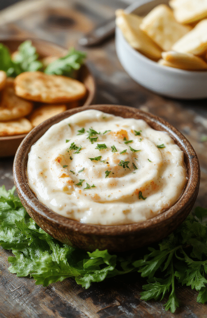 A vibrant bowl of Caprese Dip featuring fresh cherry tomatoes, mozzarella balls, and basil leaves drizzled with balsamic glaze on a rustic wooden table. The dip is creamy and colorful, garnished with a sprinkle of herbs, with a spoon ready to serve. Soft natural light highlights the fresh ingredients and inviting presentation, styled simply for a casual, appetizing look.