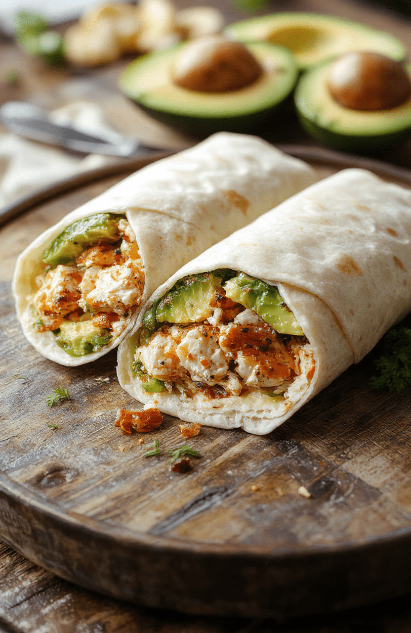 Colorful chicken avocado wraps arranged on a rustic wooden platter, featuring creamy avocado slices, juicy grilled chicken strips, fresh greens, and vibrant vegetables, all wrapped in soft tortillas. The presentation is bright and inviting, highlighting textures from the crispy lettuce to the smooth avocado and tender chicken, styled casually for an appetizing look.