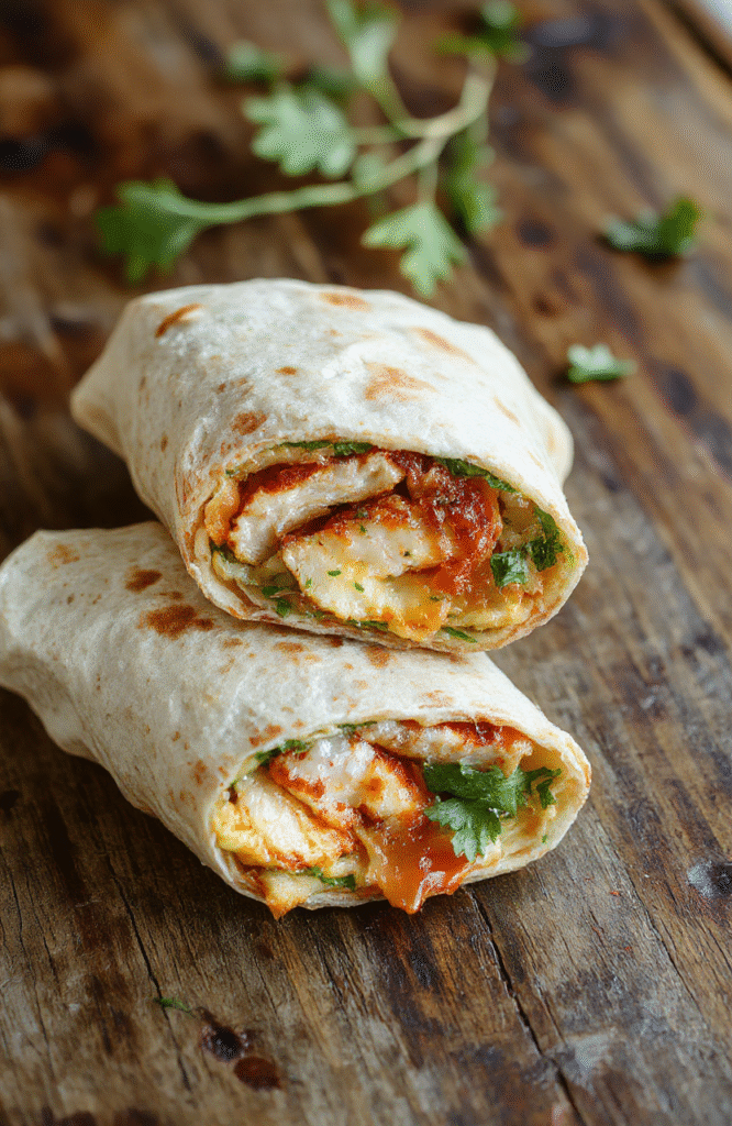 A vibrant Chicken Caesar Wrap sliced open to reveal crispy romaine lettuce, tender grilled chicken, creamy Caesar dressing, and grated Parmesan cheese all tucked into a golden tortilla, styled on a rustic wooden board with fresh lemon slices and cherry tomatoes, showcasing textures and appetizing layers.