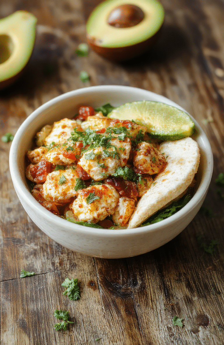 A vibrant chicken fajita burrito bowl featuring colorful bell peppers, sliced grilled chicken, fresh cilantro, and melted cheese piled high in a rustic bowl, with a drizzle of lime and a sprinkle of seasoning, styled casually with a rustic background.