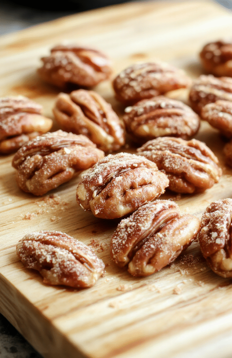 Golden brown cinnamon sugar pecans arranged in a rustic bowl, with a drizzle of caramelized coating. The pecans are crispy and coated evenly with cinnamon and sugar, garnished with a few whole pecans and a cinnamon stick. The background features a wooden surface with soft natural daylight, highlighting the glossy texture and warm tones of the pecans.