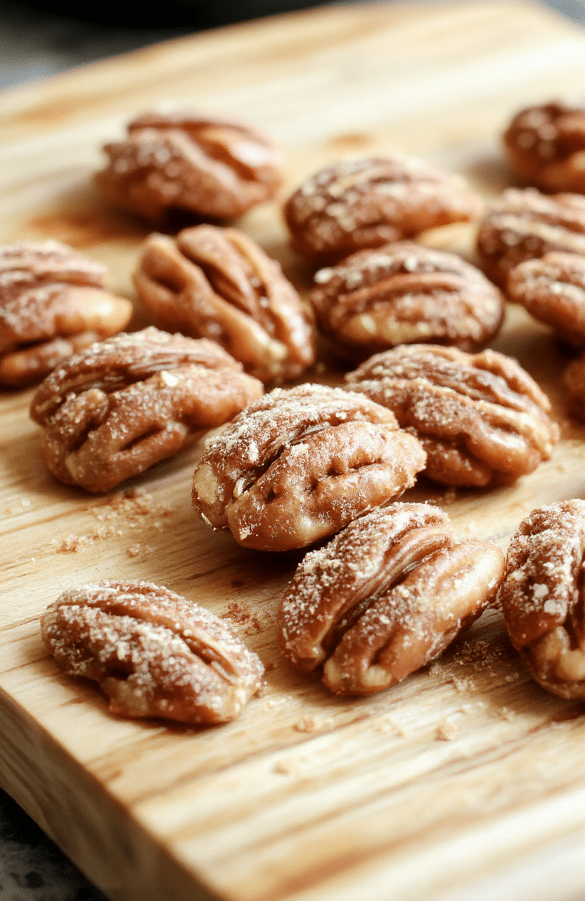 Golden brown cinnamon sugar pecans arranged in a rustic bowl, with a drizzle of caramelized coating. The pecans are crispy and coated evenly with cinnamon and sugar, garnished with a few whole pecans and a cinnamon stick. The background features a wooden surface with soft natural daylight, highlighting the glossy texture and warm tones of the pecans.