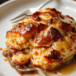 A warm slice of bread pudding topped with caramel sauce and powdered sugar, served on a rustic white plate with a cozy background of a wooden table and soft lighting.