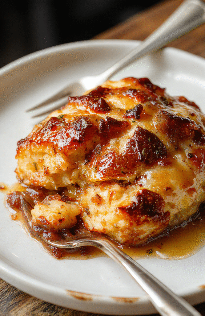 A warm slice of bread pudding topped with caramel sauce and powdered sugar, served on a rustic white plate with a cozy background of a wooden table and soft lighting.