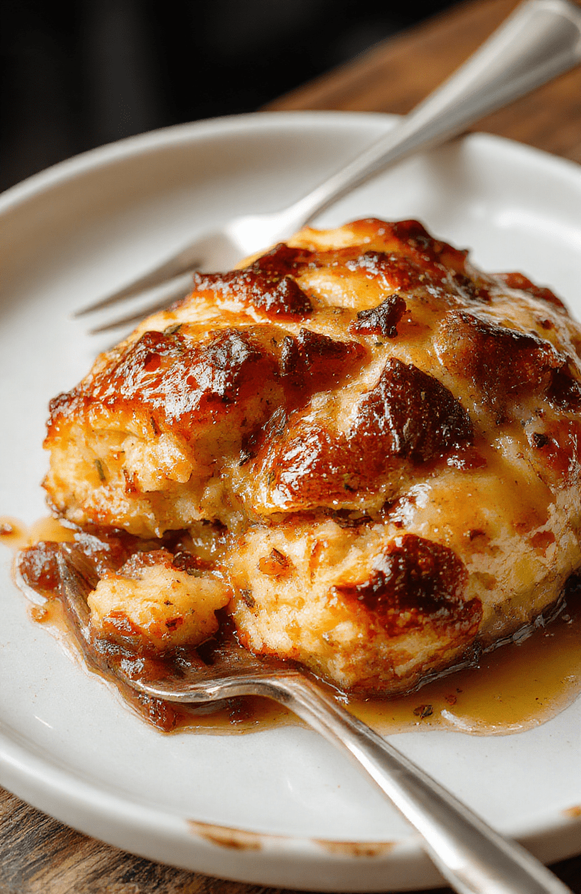 A warm slice of bread pudding topped with caramel sauce and powdered sugar, served on a rustic white plate with a cozy background of a wooden table and soft lighting.