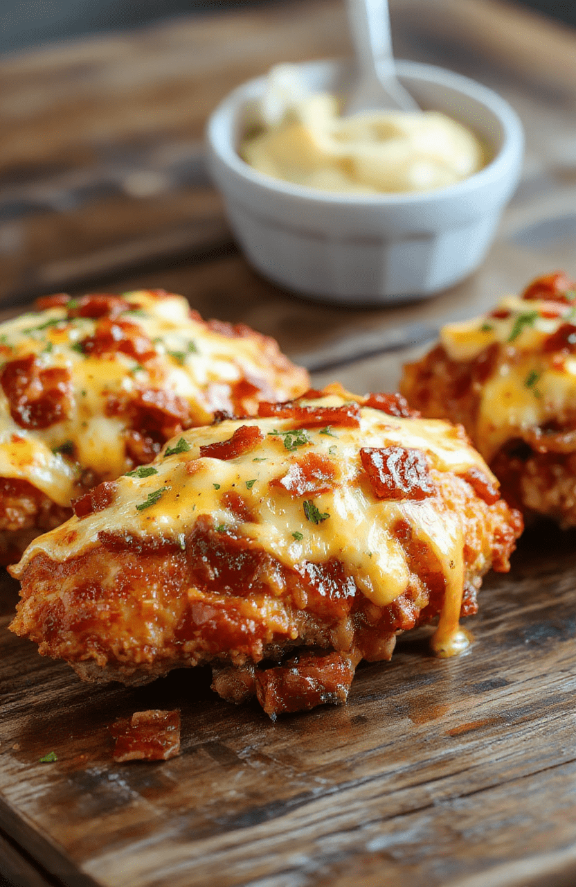 A vibrant plate of BBQ bacon cheddar chicken topped with melted cheese and crispy bacon strips, garnished with fresh herbs, served on a rustic white ceramic plate, with a side of colorful vegetables and a drizzle of barbecue sauce, capturing a warm, inviting dining scene.