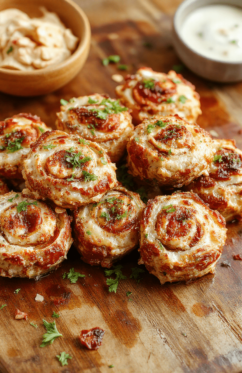 Close-up of golden brown crack chicken pinwheels arranged on a white plate, flaky and crispy exterior with a creamy chicken filling visible in some slices, garnished with chopped green herbs, styled on a rustic wooden surface with soft natural daylight highlighting textures.
