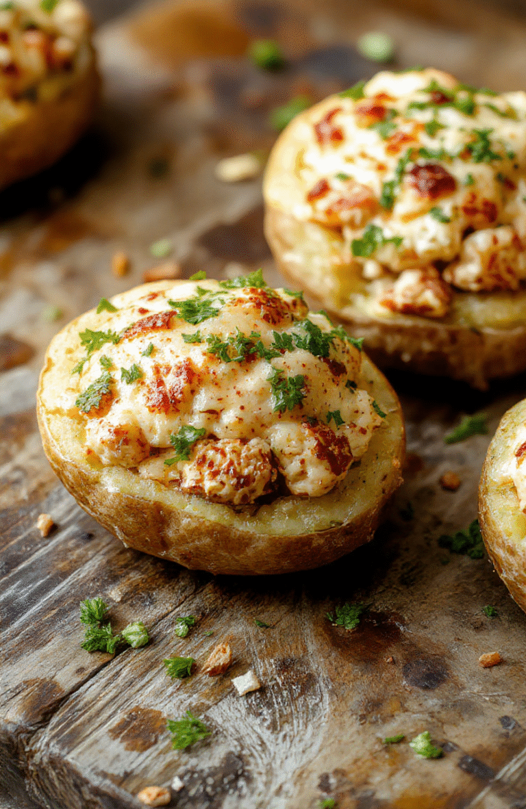 A close-up of a golden-brown baked potato topped with creamy crack chicken, melted cheese, and green garnishes, styled on a rustic wooden surface with vibrant colors and a textured background.