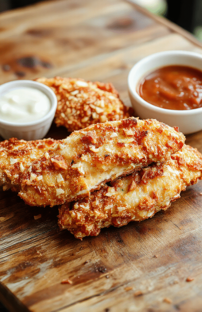 Golden crack chicken tenders arranged on a rustic wooden platter, coated in crispy breading with a hint of herbs, served with a side of fresh vegetables. The tenders are steaming hot, with a crunchy exterior and moist interior, styled simply on a neutral plate with some greens for color contrast.