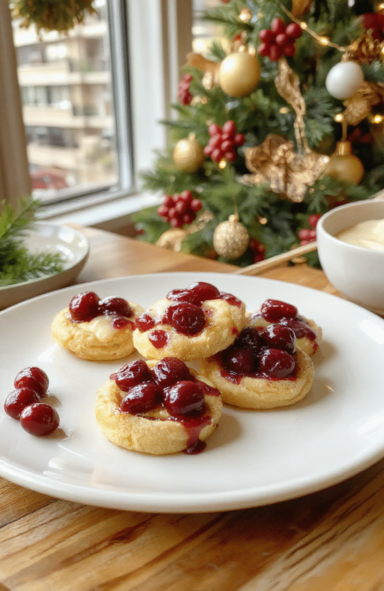 Colorful cranberry and melted brie cheese bites on a white ceramic plate with a blurred background of festive holiday decor, showcasing glossy cranberries, creamy melted brie, and flaky pastry cups styled simply and invitingly.