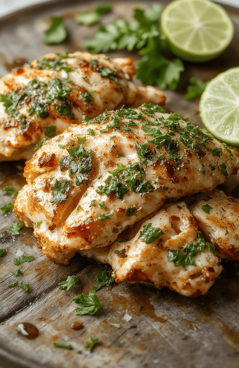 A vibrant serving of Cilantro Lime Chicken on a white plate garnished with fresh cilantro and lime wedges, with tender shredded chicken in a glossy sauce. The dish is complemented by colorful sides like rice and vegetables, styled simply on a rustic wooden table with natural daylight highlighting the bright green herbs and zesty lime accents.