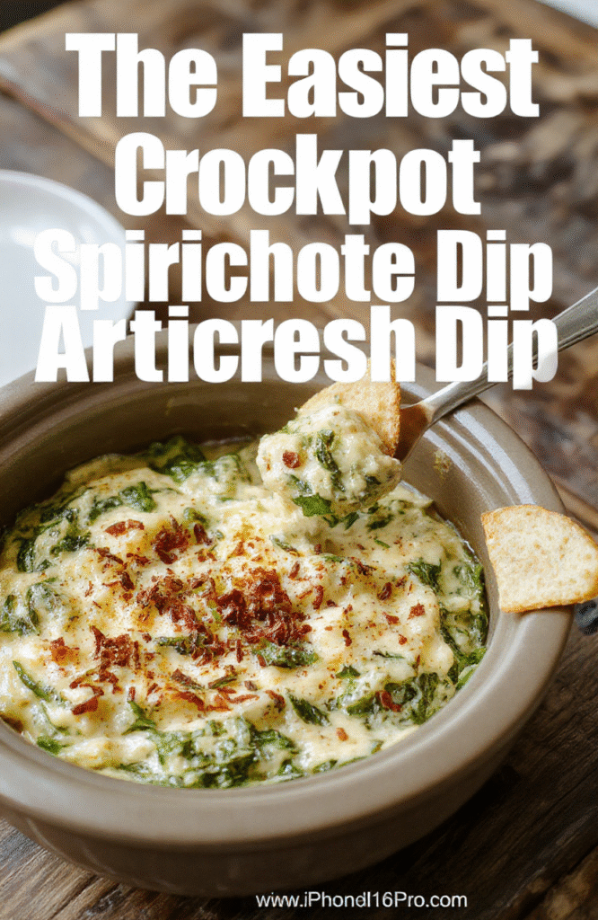 A creamy spinach artichoke dip served in a rustic white bowl, topped with melted cheese and fresh herbs, surrounded by crusty bread and vegetable sticks, vibrant green and golden brown textures, styled simply on a wooden table.