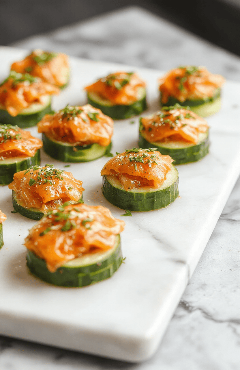Colorful cucumber slices topped with delicate smoked salmon, cream cheese, and fresh herbs, arranged elegantly on a white plate with a blurred background of party decorations. The textures show crisp cucumber, silky salmon, and creamy cheese, styled for a sophisticated appetizer presentation.