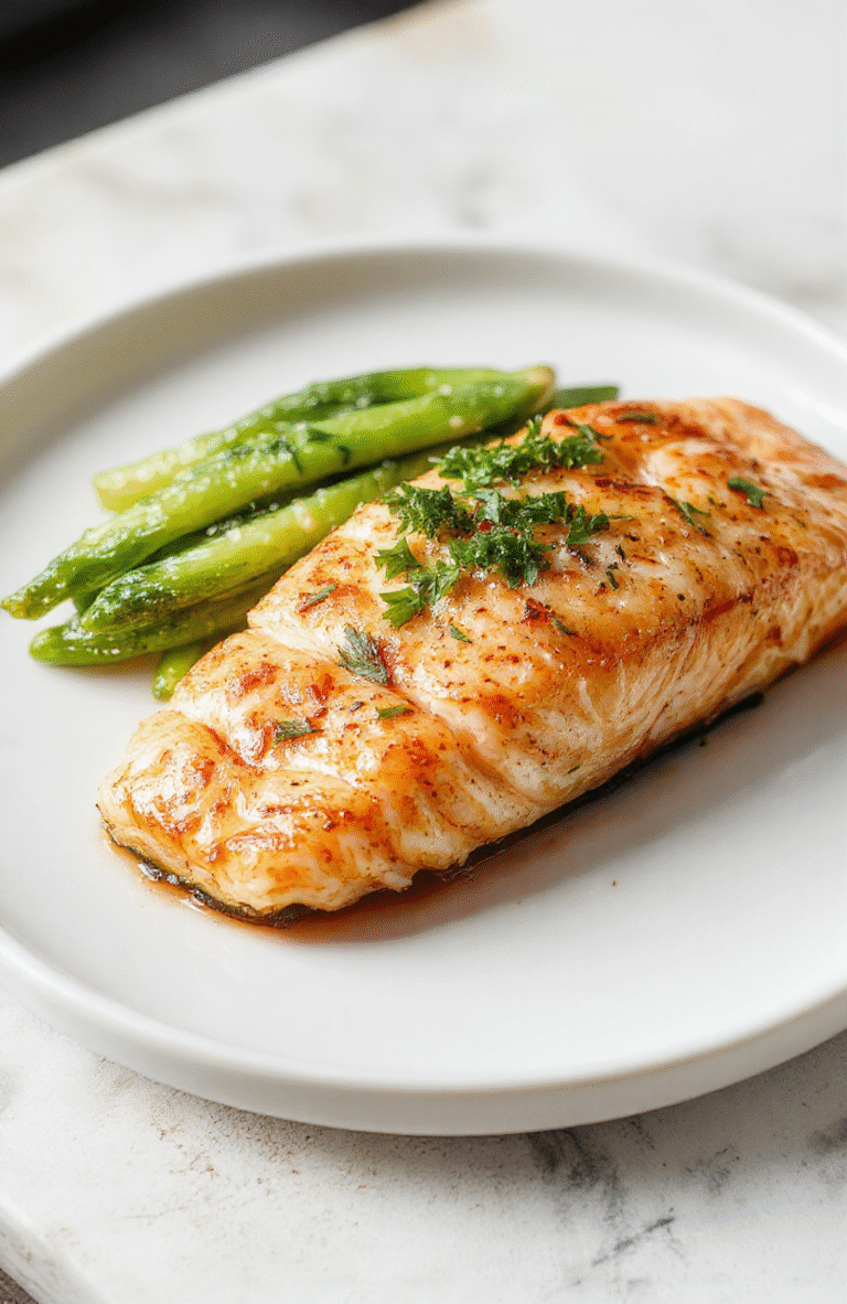 A perfectly cooked flaky salmon fillet with crispy edges, served on a white plate with lemon wedges and fresh herbs, styled simply with a neutral background to highlight the golden and pink tones of the salmon, with textured flaky layers visible and a vibrant garnish.