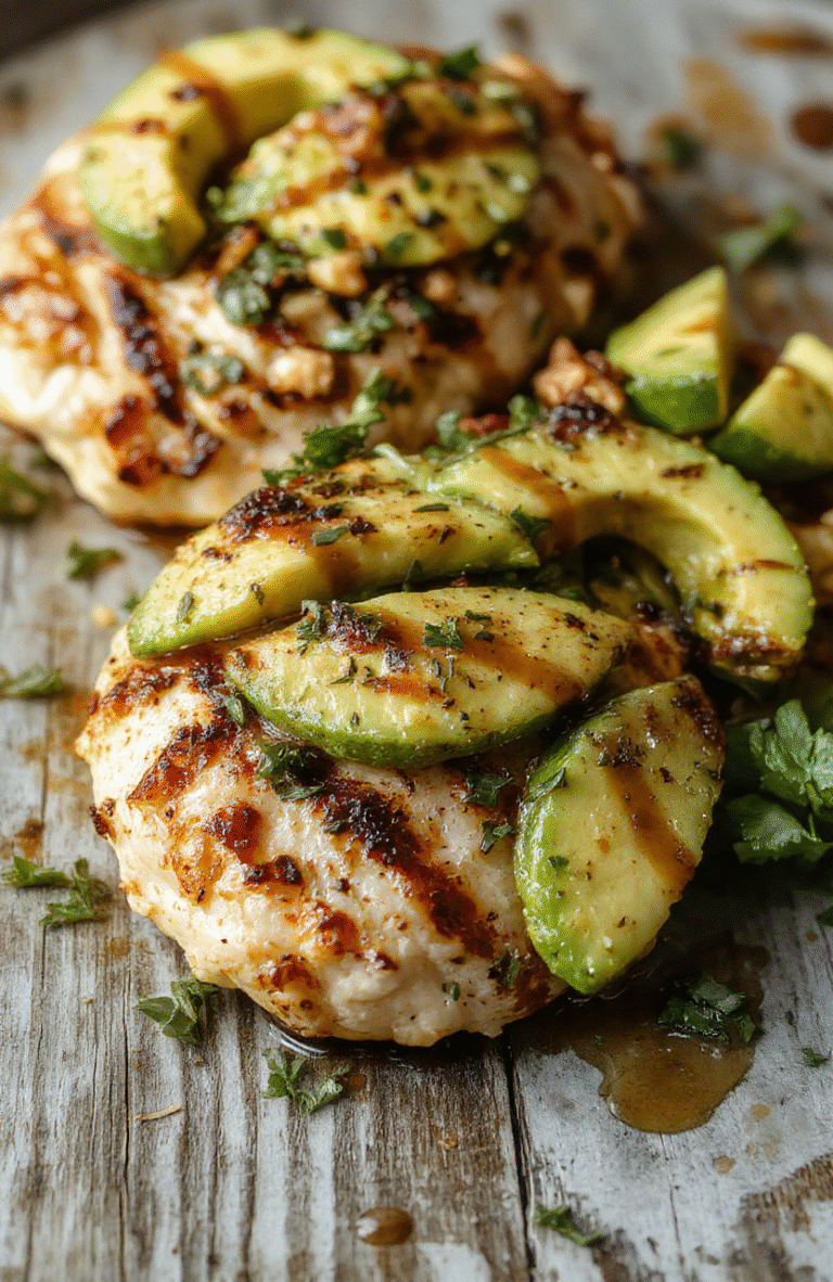 A vibrant plate featuring sliced grilled chicken topped with creamy ripe avocado slices, garnished with fresh herbs. The dish is beautifully plated with a colorful side salad and drizzled with a tangy dressing. The presentation highlights the fresh green of the avocado and the golden-brown grilled chicken, styled on a rustic wooden table with natural lighting emphasizing the textures and colors.