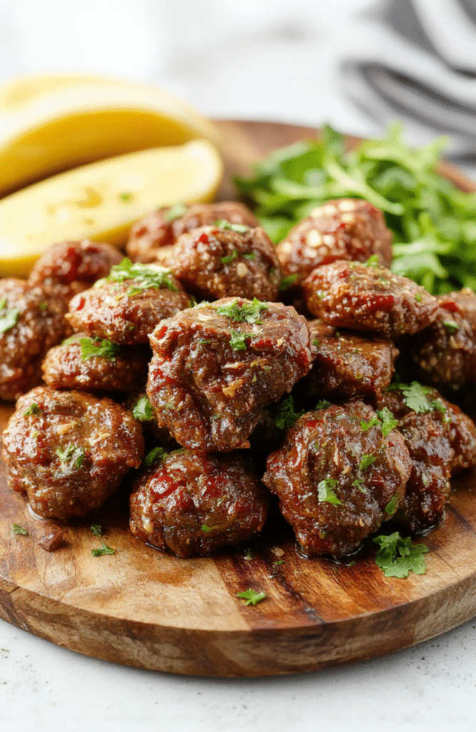 A close-up of juicy beef bites glazed with garlic butter sauce, garnished with fresh herbs, served on a rustic wooden plate with a side of vegetables, highlighting rich textures and vibrant colors.
