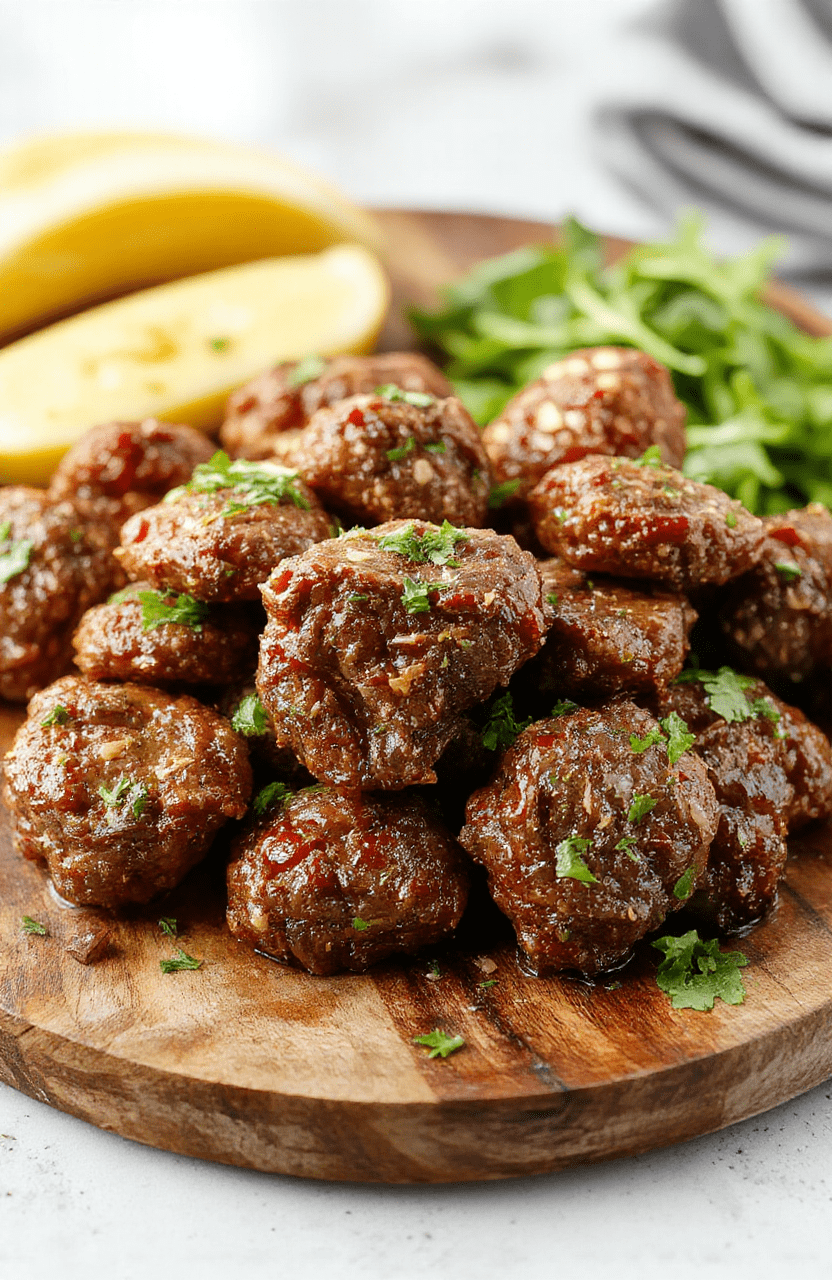 A close-up of juicy beef bites glazed with garlic butter sauce, garnished with fresh herbs, served on a rustic wooden plate with a side of vegetables, highlighting rich textures and vibrant colors.