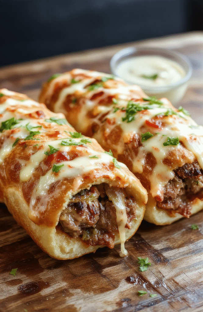 Golden-brown crispy Philly cheesesteak rolls sliced open to reveal juicy, tender beef, melted cheese, and colorful peppers inside. The rolls are served on a rustic wooden board with a sprinkle of herbs, showcasing their textures and vibrant ingredients in natural daylight.