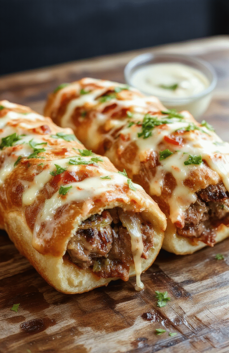 Golden-brown crispy Philly cheesesteak rolls sliced open to reveal juicy, tender beef, melted cheese, and colorful peppers inside. The rolls are served on a rustic wooden board with a sprinkle of herbs, showcasing their textures and vibrant ingredients in natural daylight.