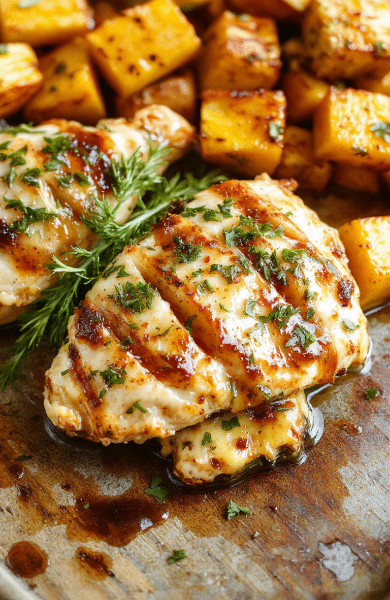 A colorful sheet pan meal featuring tender roasted chicken drumsticks glazed with maple Dijon sauce, surrounded by crispy sweet potato wedges, vibrant green veggies, and roasted bell peppers, all arranged on a rustic white platter with a sprinkled garnish of fresh herbs, inviting and appetizing with warm tones and juicy textures.