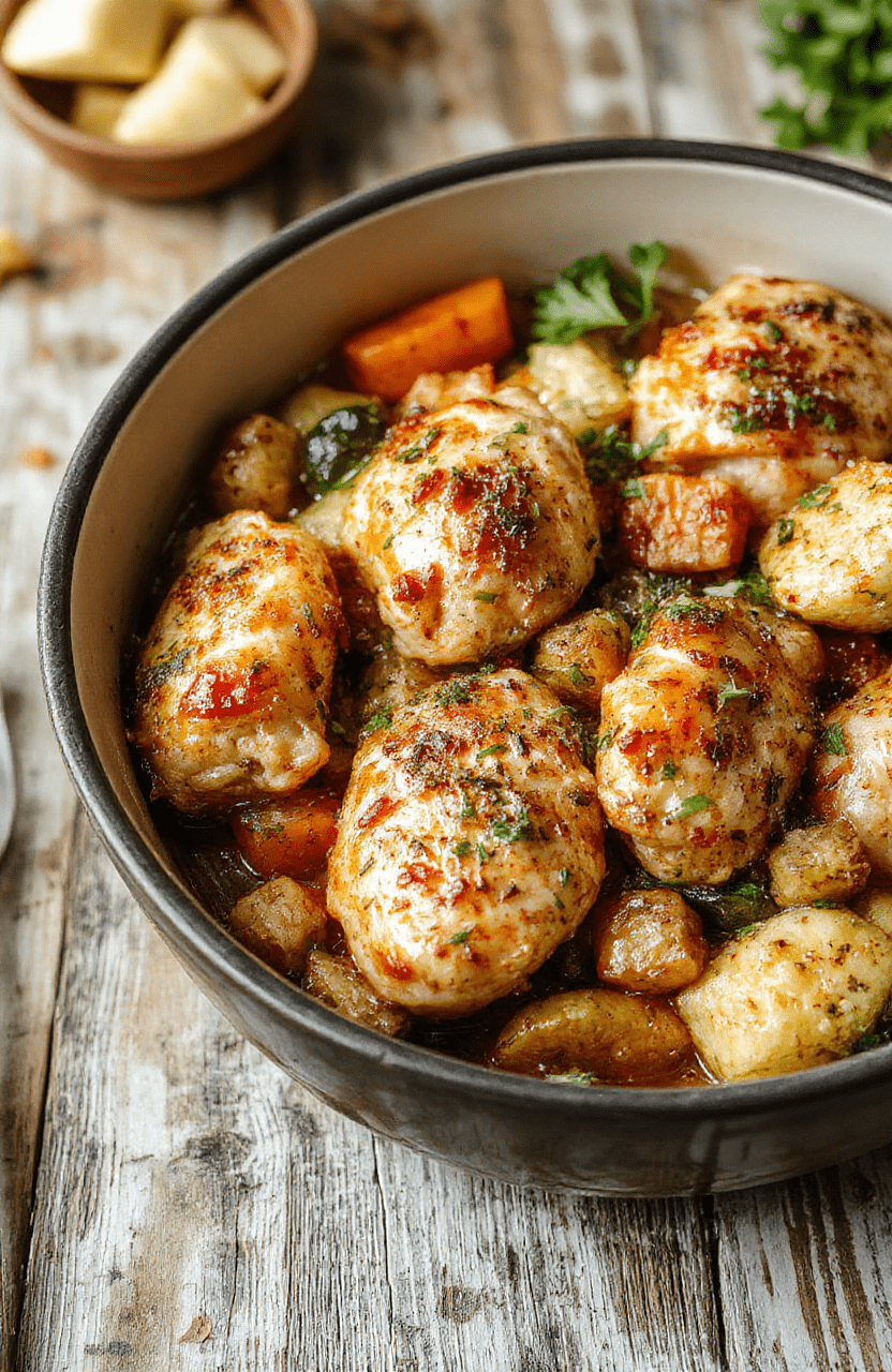 A vibrant plate of one-pot chicken and vegetables featuring tender chicken breasts, colorful bell peppers, carrots, and green beans garnished with herbs, arranged neatly on a white ceramic dish with steam rising, styled simply on a rustic wooden table with natural light highlighting textures and colors.
