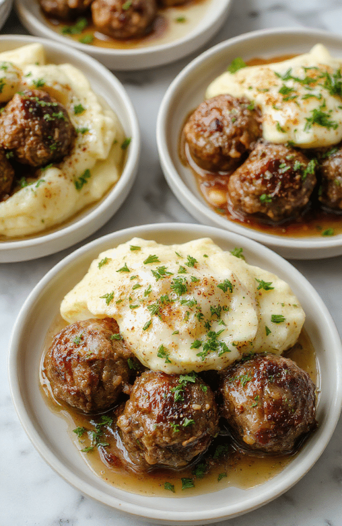 A close-up of savory Salisbury steak meatballs glazed in rich gravy, served alongside fluffy creamy garlic herb mashed potatoes, garnished with fresh herbs, on rustic white plates with a cozy kitchen background, vibrant colors, crispy edges on meatballs, smooth mashed potatoes with herbs, inviting and appetizing