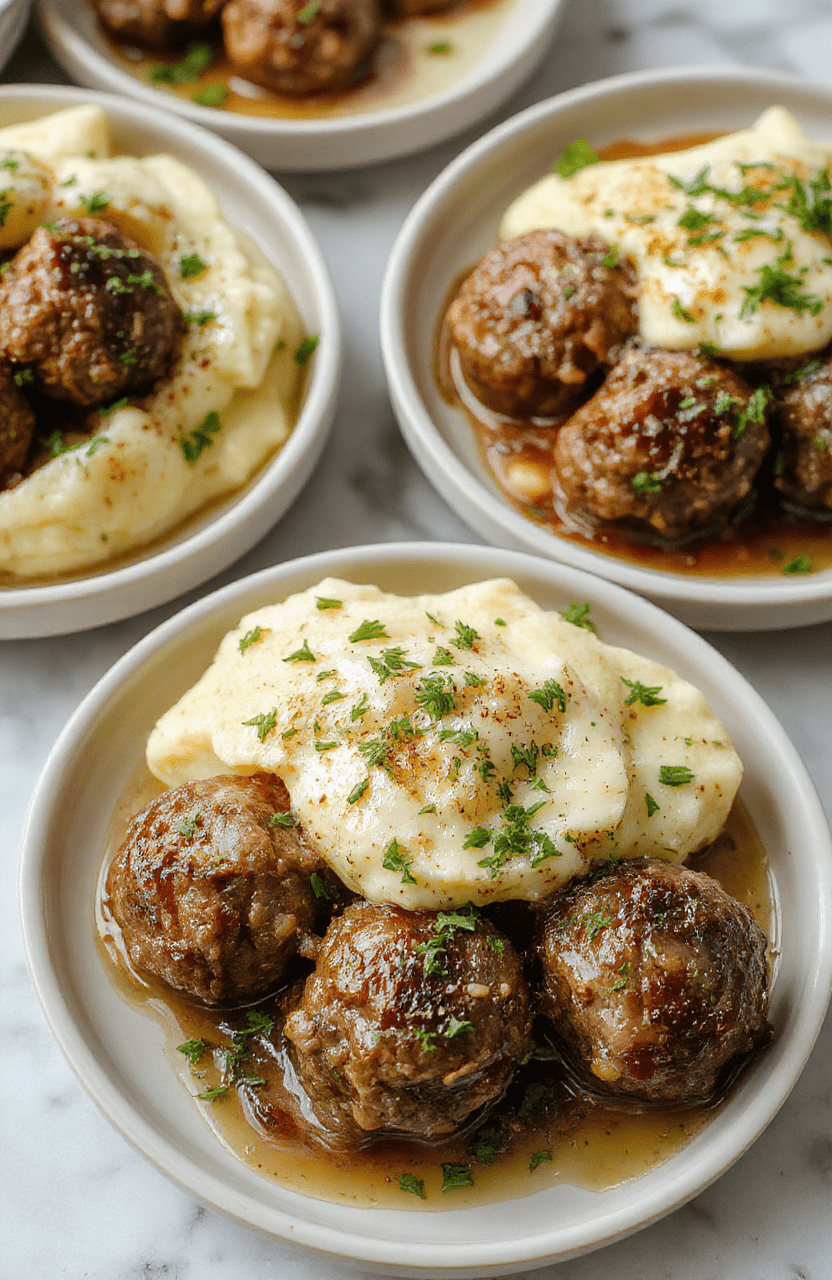 A close-up of savory Salisbury steak meatballs glazed in rich gravy, served alongside fluffy creamy garlic herb mashed potatoes, garnished with fresh herbs, on rustic white plates with a cozy kitchen background, vibrant colors, crispy edges on meatballs, smooth mashed potatoes with herbs, inviting and appetizing