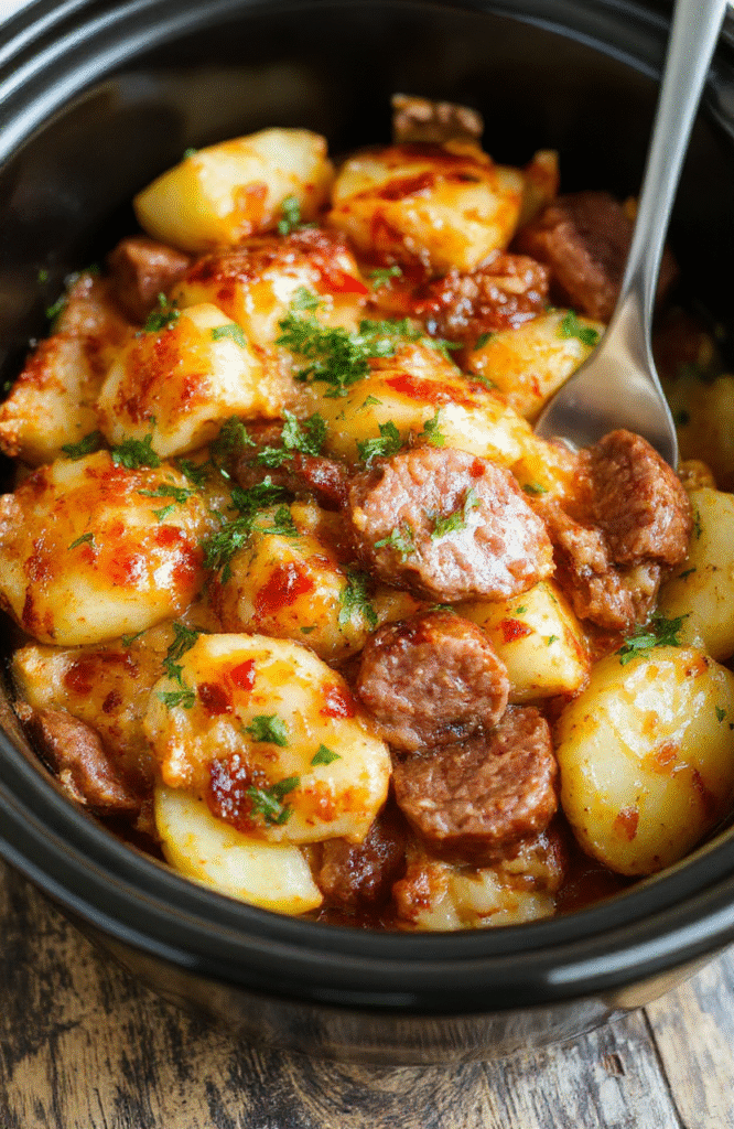 A warm, inviting casserole featuring golden-brown sausages, tender potatoes, and vibrant green herbs, served in a rustic ceramic dish with steam rising, styled on a wooden surface with natural light highlighting the textures and colors.